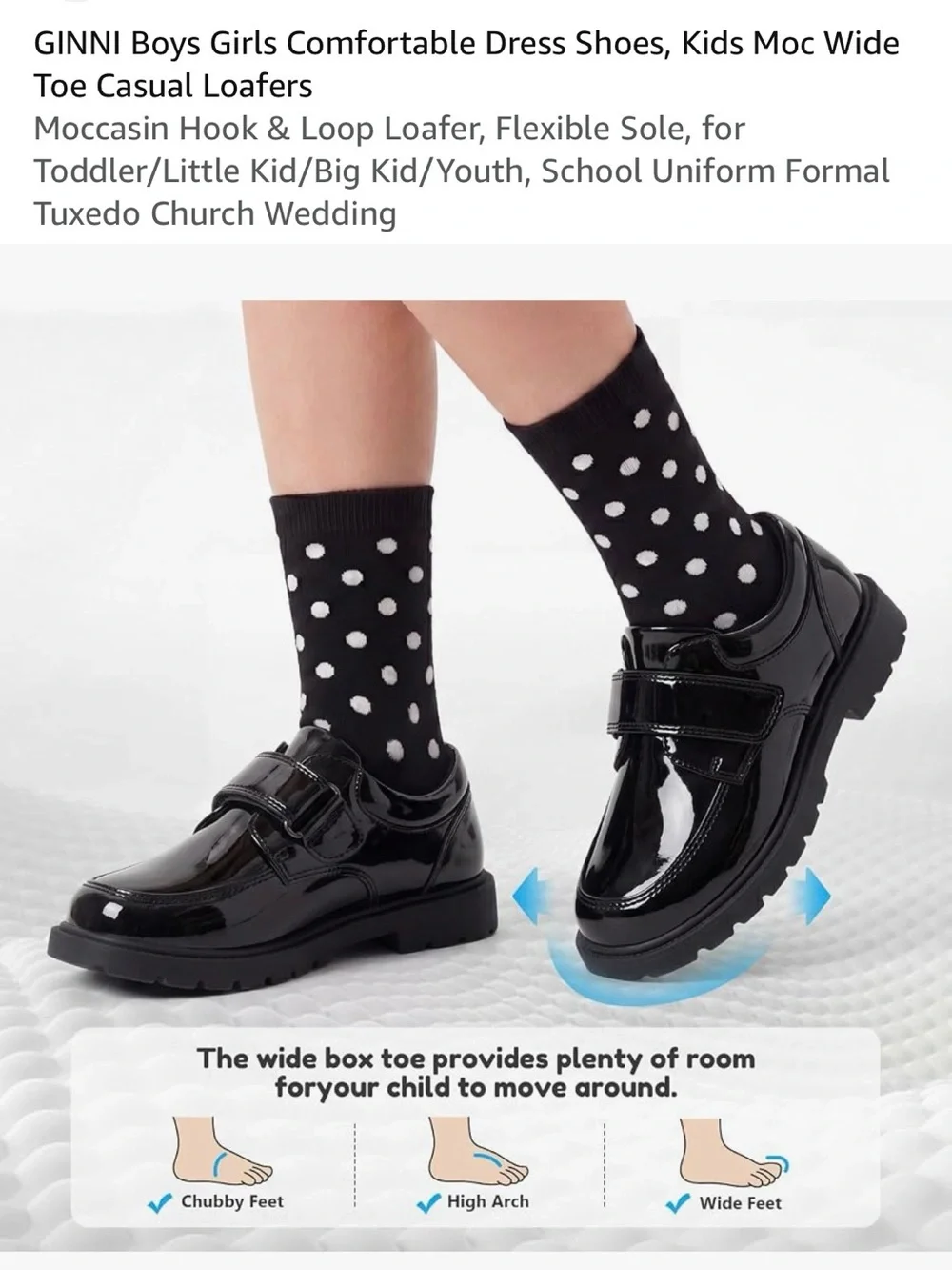 Kids Black Patent Leather Hook & Loop Dress Loafers